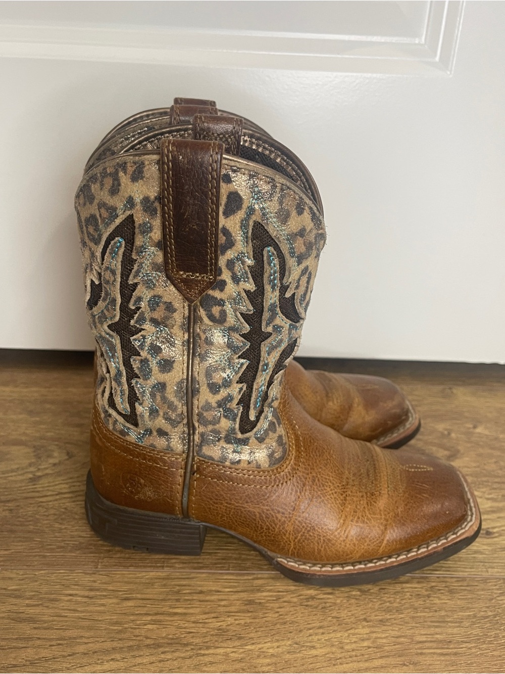 Ariat Brown Leather girls Cowboy Boots with Leopard Print Shaft